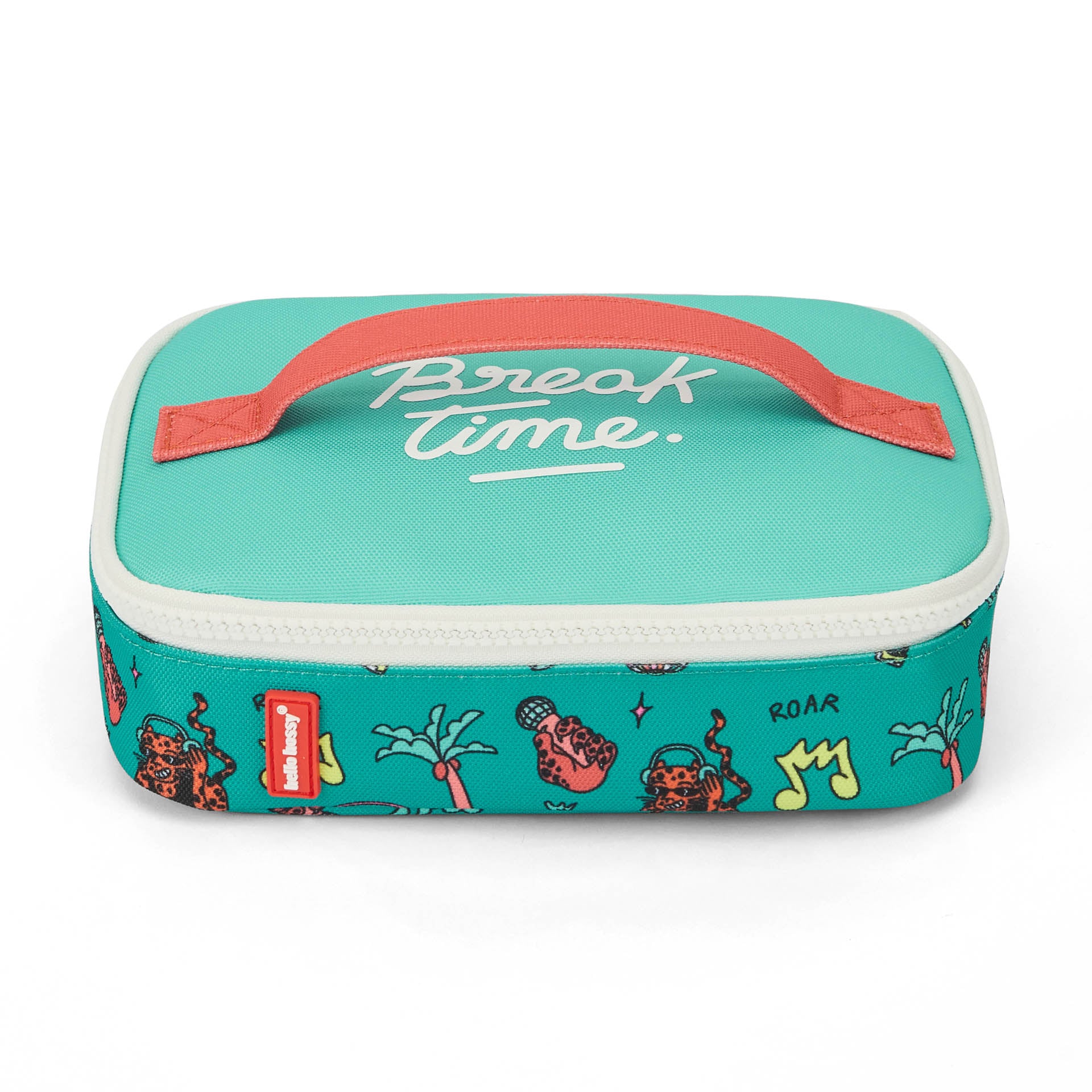 Borsa merenda per bambini verde corallo con motivo animali, scritta Hello Hossy
