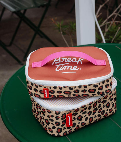 Borsa pranzo per bambino con motivo leopard crema marrone, scritta rosa Hello Hossy