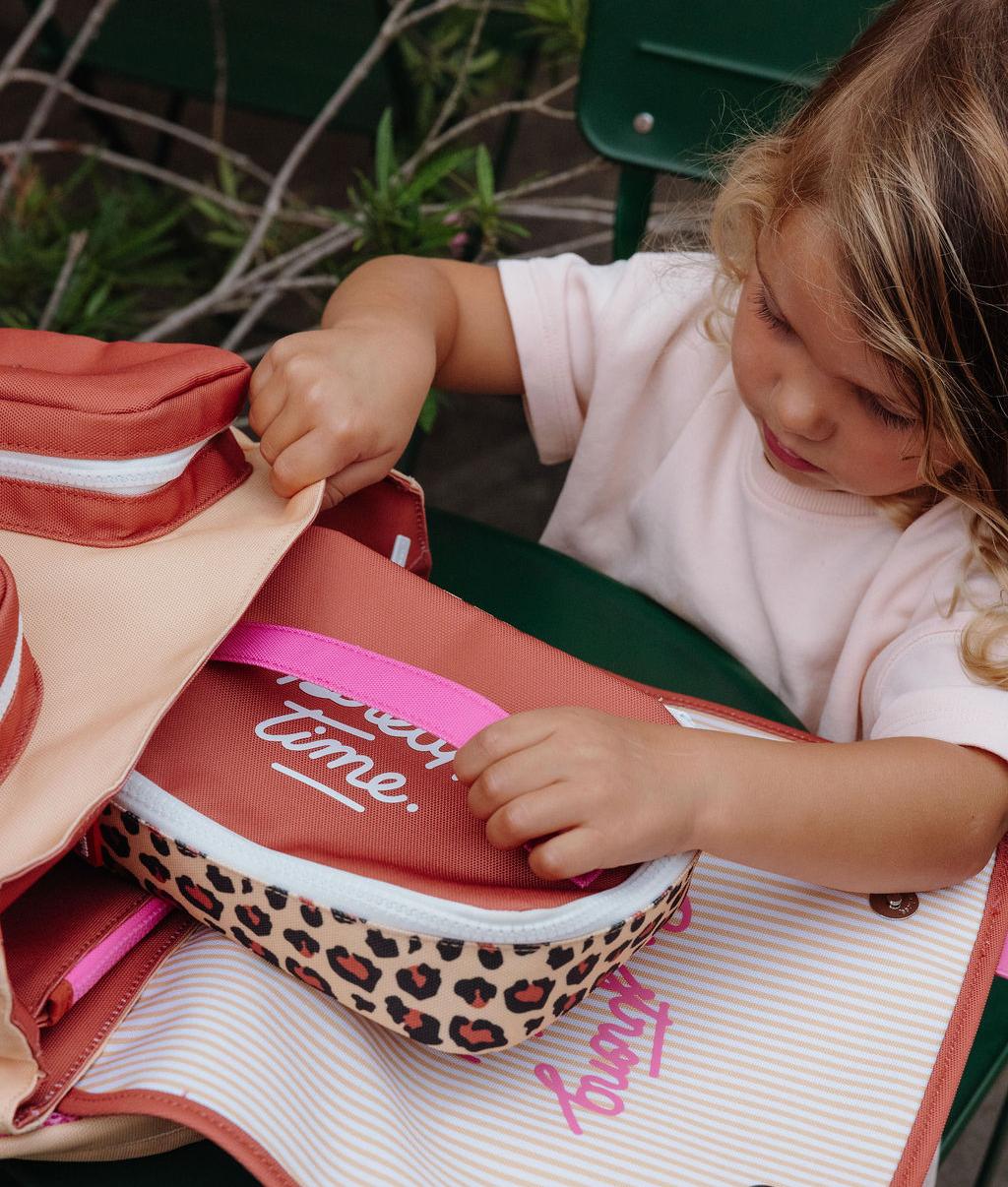Borsa merenda bambino crema marrone con stampa leopard e interno rosa Hello Hossy