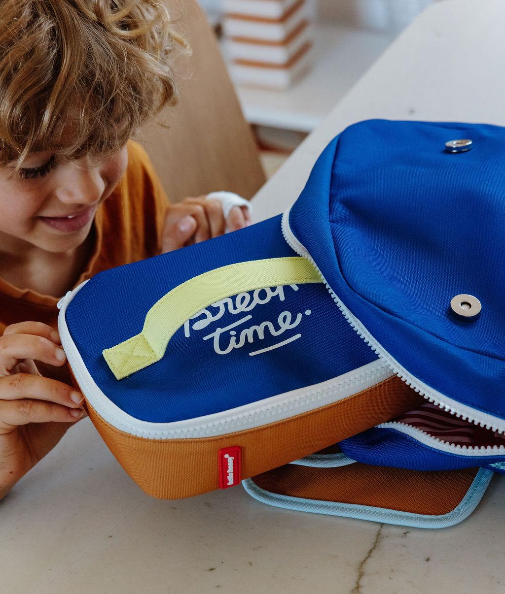 Borsa merenda bambino blu e marrone manico giallo testo Break Time Hello Hossy