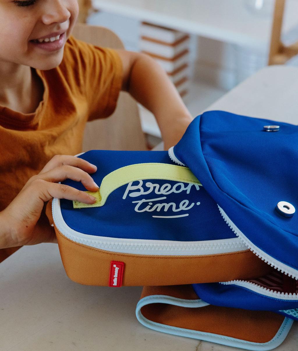 Borsa merenda blu per bambini con motivo testo giallo Hello Hossy