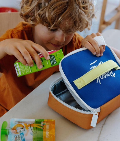 Borsa merenda bambino blu con manico giallo termica Hello Hossy