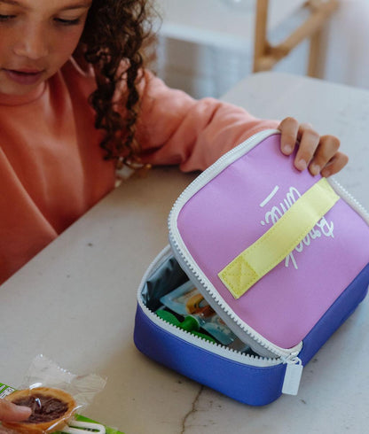 Borsa merenda per bambini viola, dettagli gialli, apertura con zip Hello Hossy