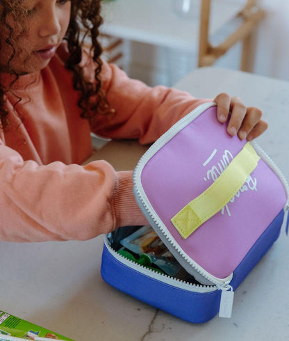 Borsa merenda per bambini viola blu con manico giallo Hello Hossy