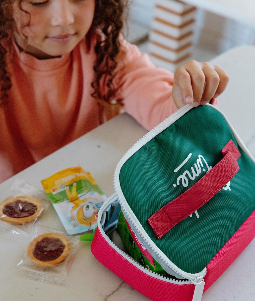 Borsa merenda bambino framboise verde con cerniera bianca Hello Hossy