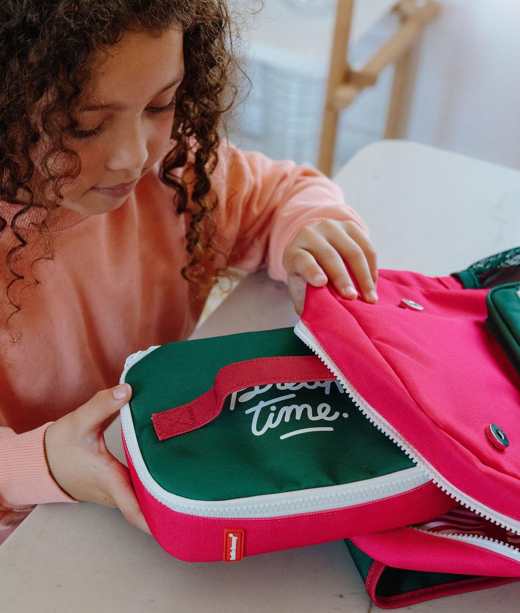 Borsa merenda bambino framboise verde scritta Hello Hossy