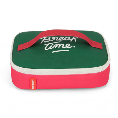 Borsa pranzo per bambini verde e framboise con scritta Break Time Hello Hossy