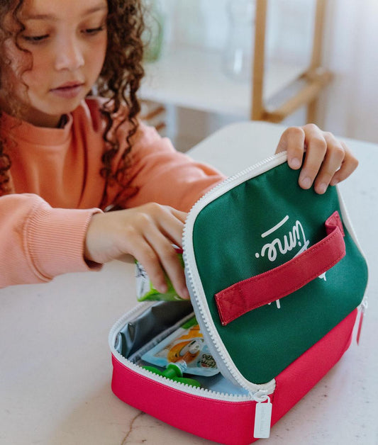 Borsa merenda per bambini framboise verde con manico a contrasto Hello Hossy