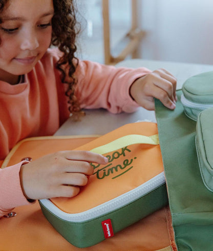 Borsa merenda per bambini verde e arancione, testo Break Time Hello Hossy