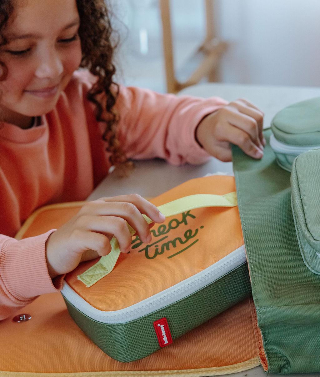 Borsa merenda bambino verde arancione con scritta Break Time Hello Hossy
