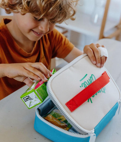Borsa merenda bambino blu bianco manico rosso Hello Hossy