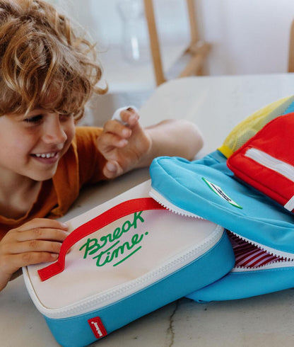 Borsa merenda bambino blu testo verde dettaglio rosso Hello Hossy