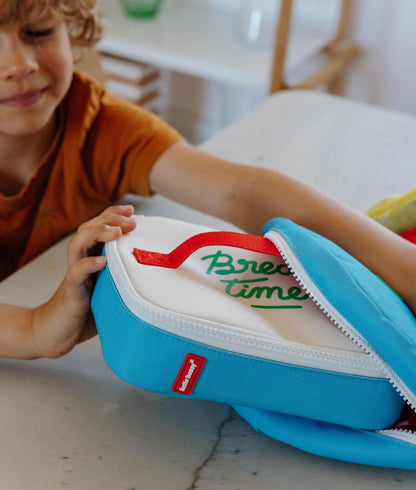 Borsa merenda bambino blu con scritta verde Hello Hossy