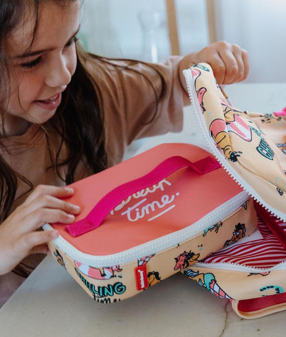 Borsa merenda per bambini giallo rosa motivo unicorno maniglia rosa Hello Hossy