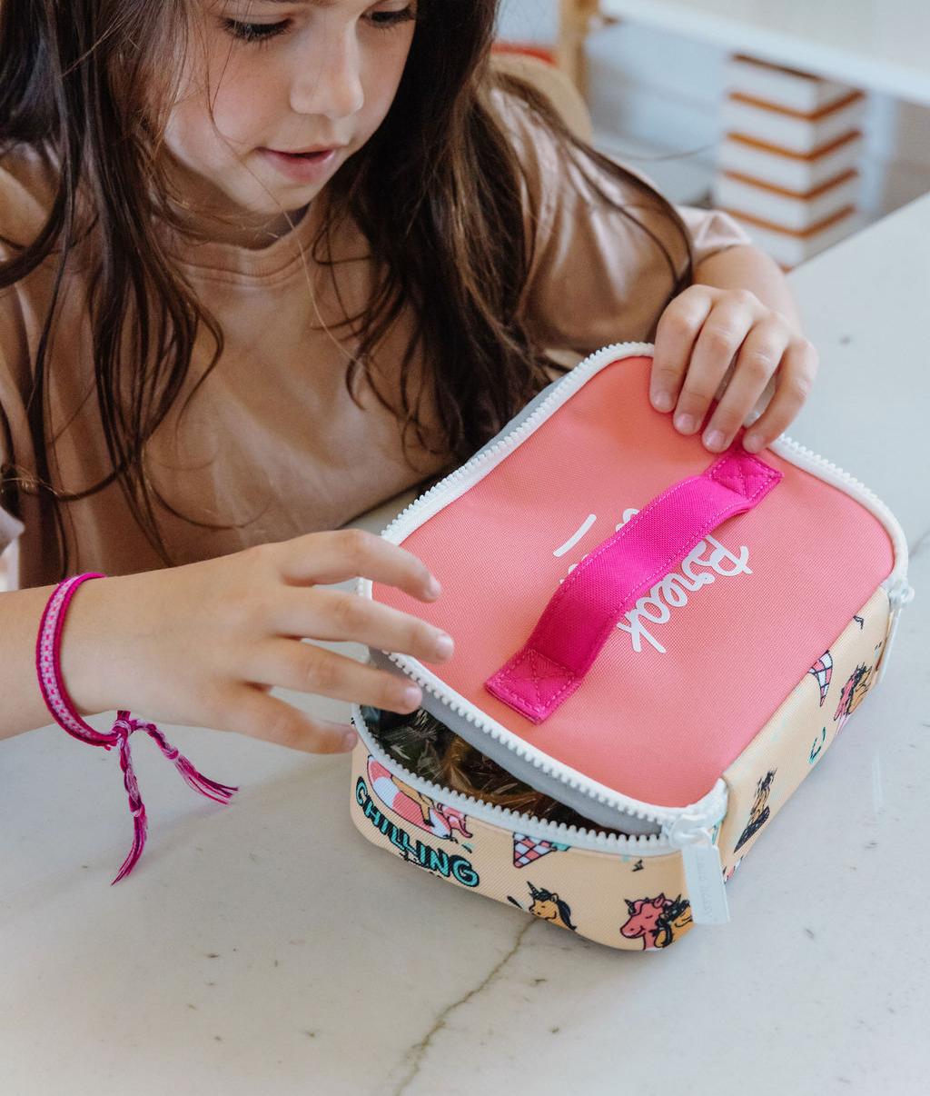 Borsa merenda da bambino gialla e rosa, stampato unicorno, manico Hello Hossy