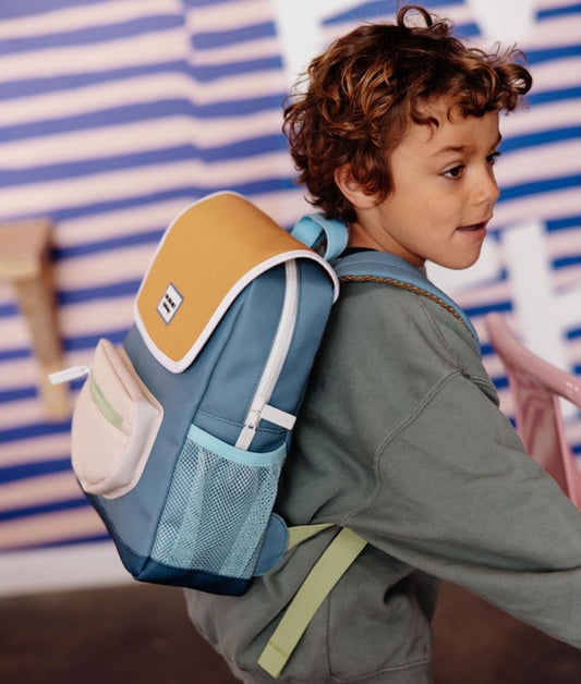 Zaino bambino blu tasca Beige risvolto cammello Hello Hossy