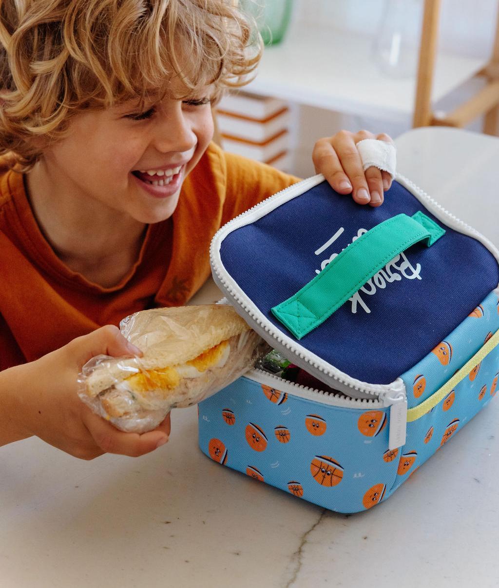 Borsa pranzo bambino blu arancione motivo sport Hello Hossy