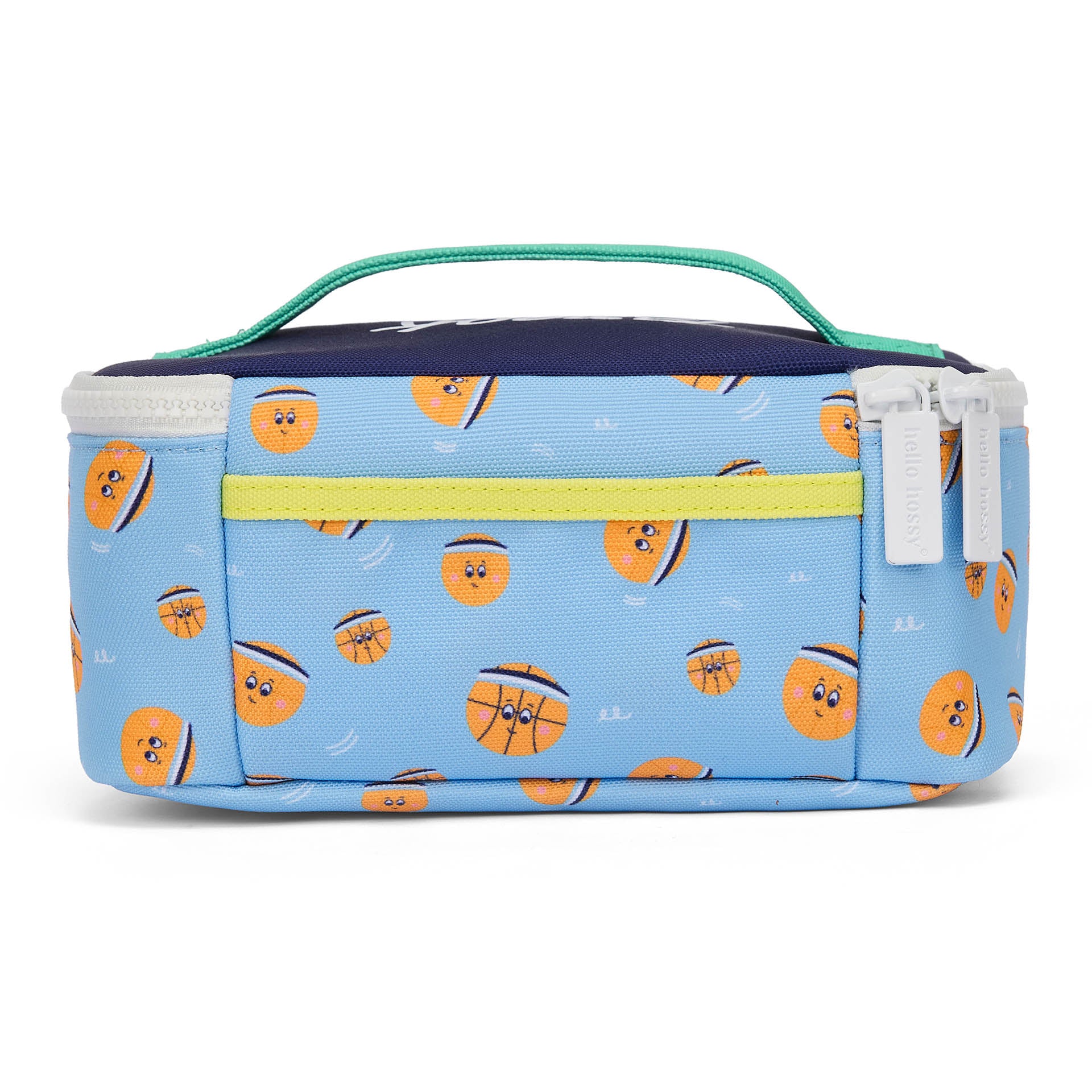 Borsa pranzo da bambino blu con motivo basket e manico verde Hello Hossy