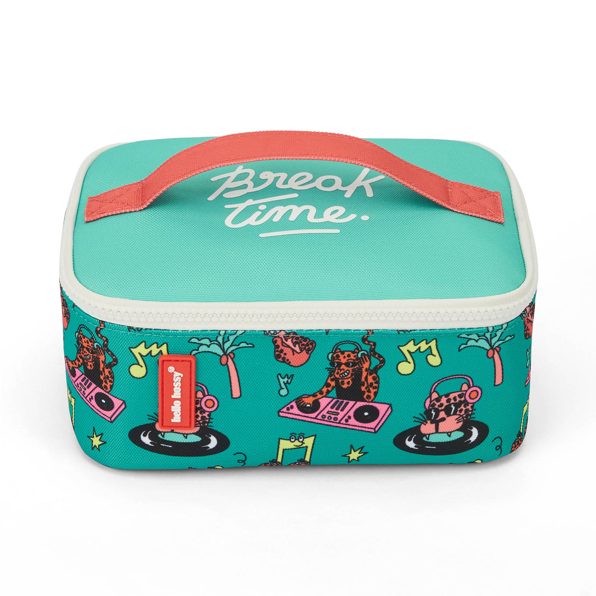 Borsa pranzo bambino verde corallo motivo animali scritta Break Time Hello Hossy