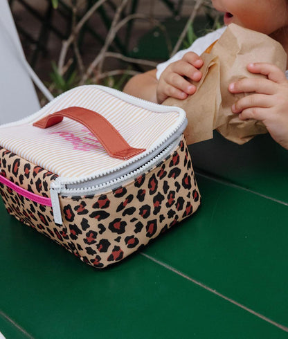 Borsa pranzo bambino crema marrone stampato leopard manico Hello Hossy