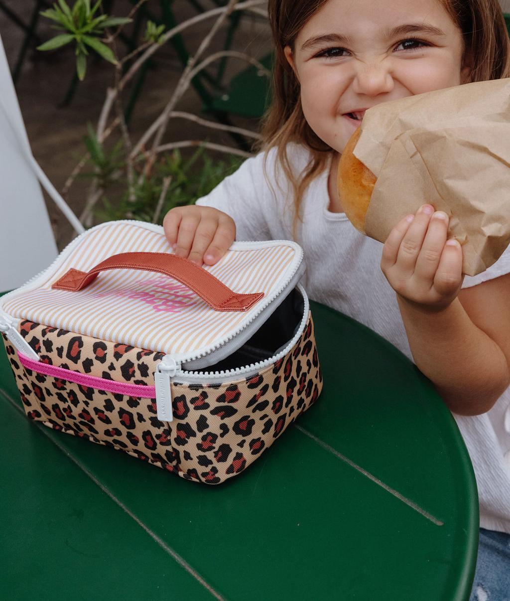 Borsa pranzo per bambini color crema con motivo leopard e manico marrone Hello Hossy