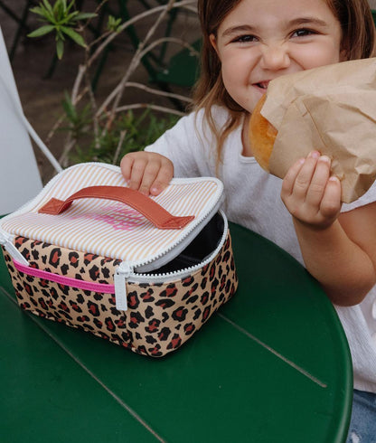 Borsa pranzo per bambini color crema con motivo leopard e manico marrone Hello Hossy
