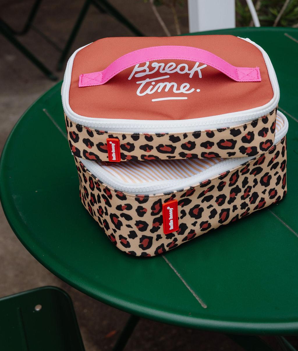 Borsa pranzo bambino color crema e marrone, motivo leopard, manico rosa Hello Hossy