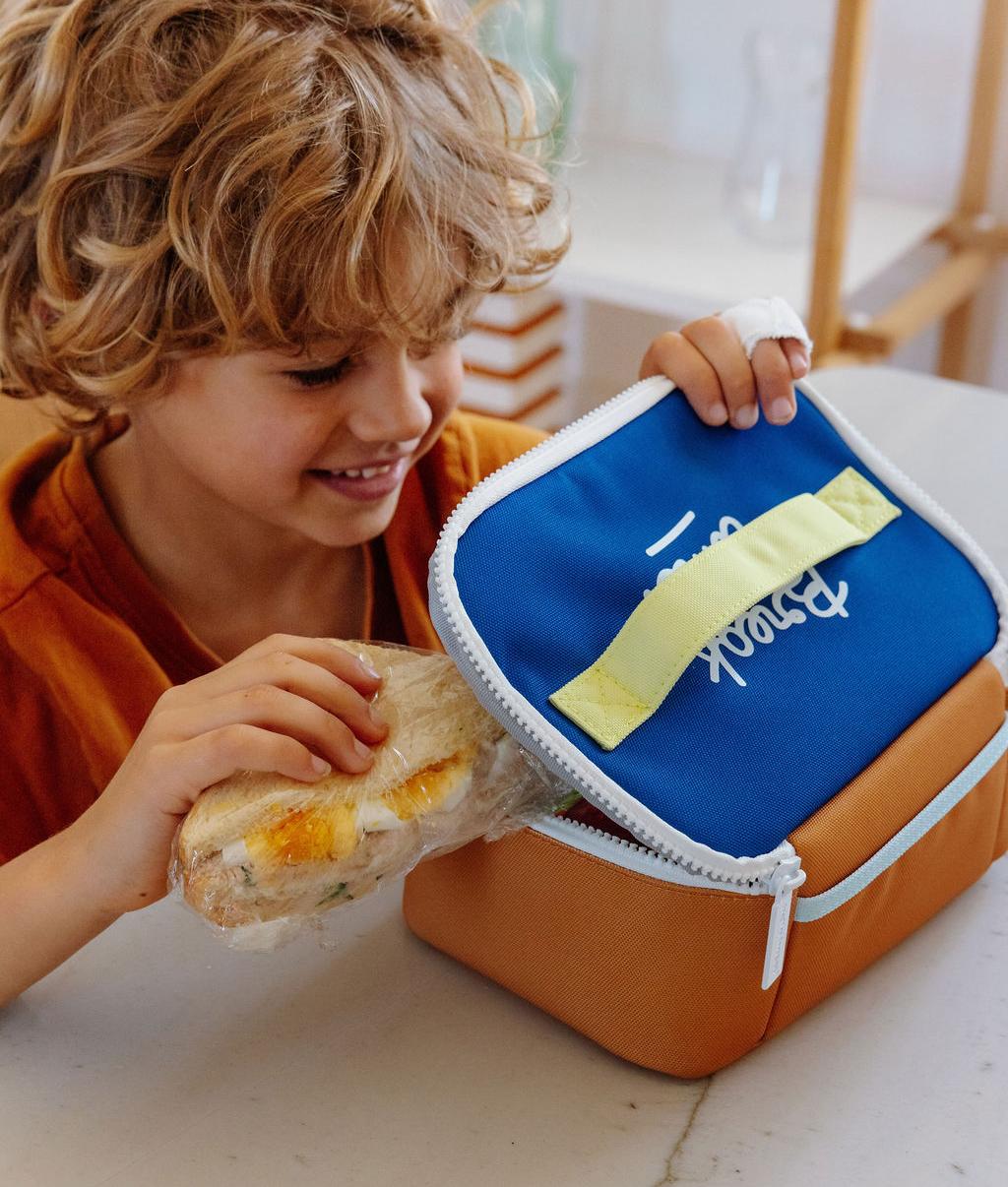 Borsa pranzo bambino blu con manico giallo, forma cubo Hello Hossy