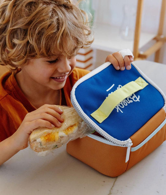Borsa pranzo bambino blu con manico giallo, forma cubo Hello Hossy
