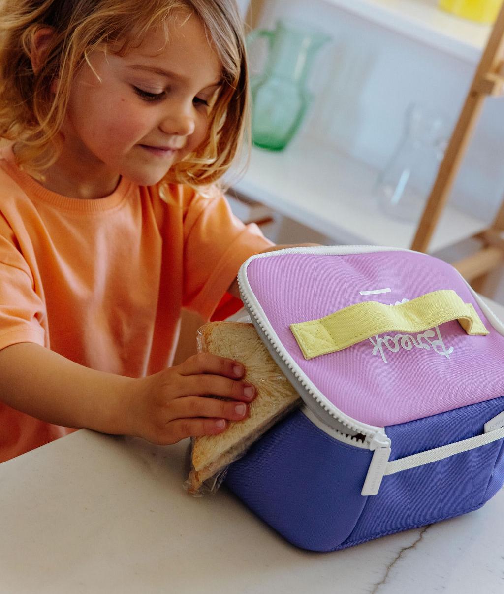 Borsa pranzo per bambini viola giallo, dettaglio bianco Hello Hossy