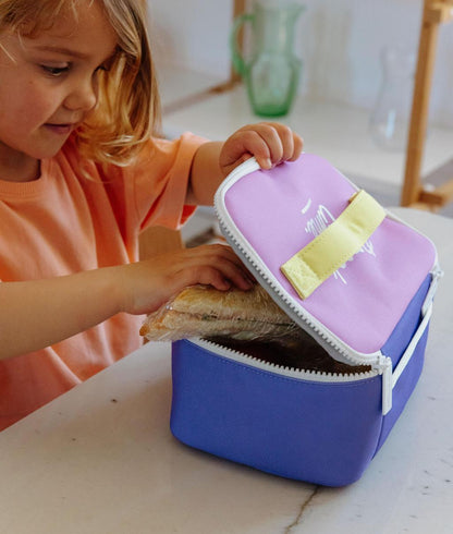 Borsa pranzo bambino viola, dettaglio giallo, chiusura bianca Hello Hossy