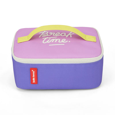 Borsa pranzo per bambini viola e rosa, manico giallo, scritta bianca Hello Hossy