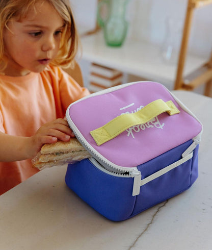 Borsa pranzo bambino viola, dettaglio giallo, forma quadrata, Hello Hossy