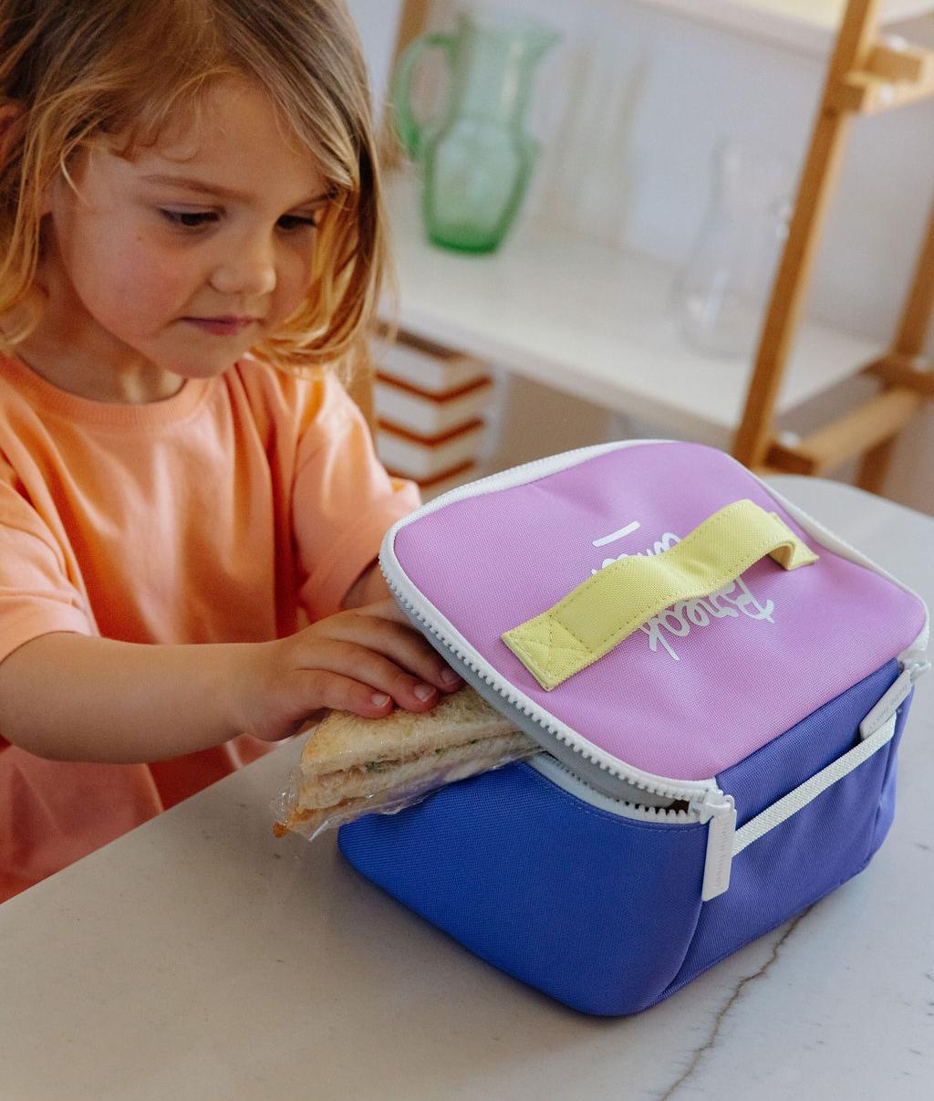 Borsa pranzo per bambini viola con manico giallo Hello Hossy
