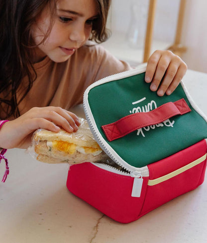 Borsa pranzo per bambini framboise con interno verde e manici rossi Hello Hossy