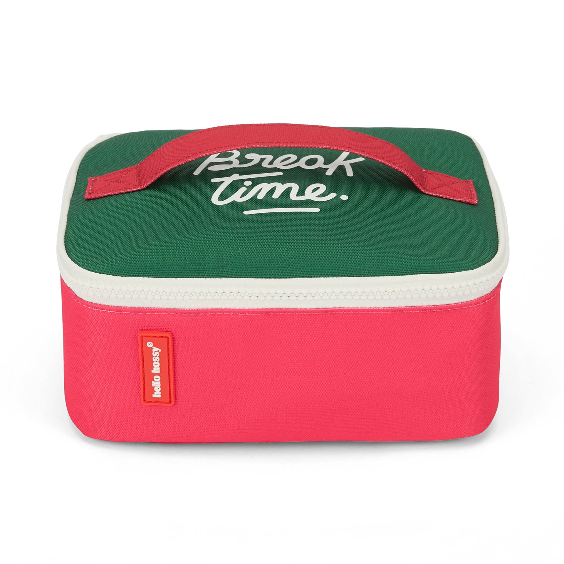 Borsa pranzo per bambini color framboise e verde, messaggio bianco Hello Hossy