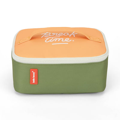 Borsa pranzo per bambini verde con coperchio arancione e scritta Hello Hossy
