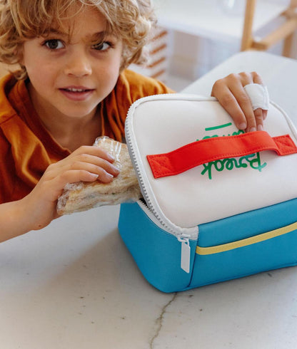 Borsa pranzo bambino blu motivo scritta rossa Hello Hossy