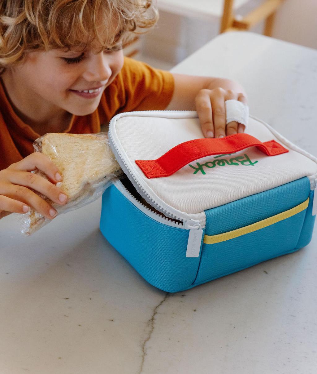 Borsa pranzo per bambini blu, manico rosso, dettaglio giallo Hello Hossy