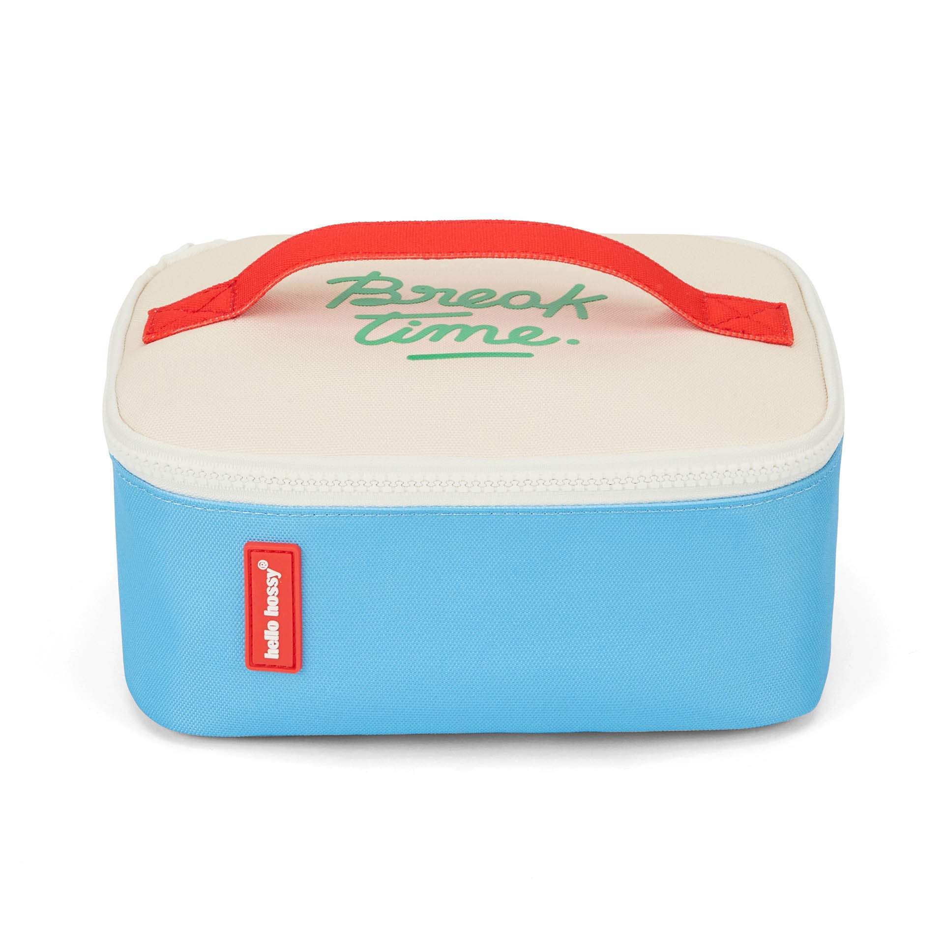 Borsa pranzo per bambini blu con dettaglio rosso e testo verde Hello Hossy