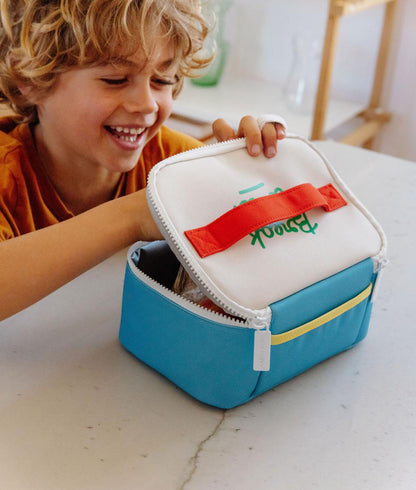 Borsa pranzo bambino blu manico rosso scritta verde Hello Hossy