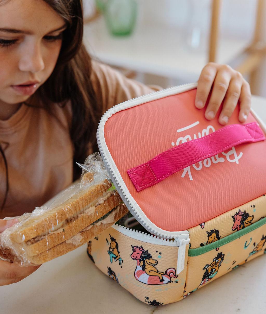 Borsa pranzo per bambini gialla con motivo unicorno, manico rosa Hello Hossy