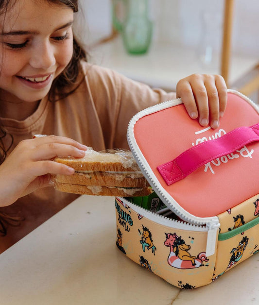 Borsa pranzo per bambini gialla con motivo unicorno e chiusura rosa Hello Hossy