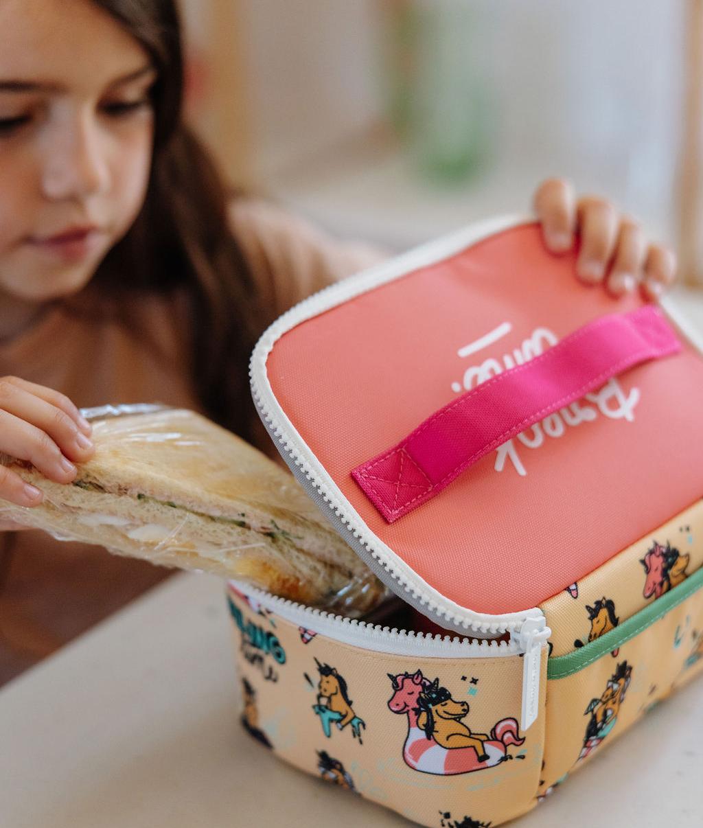 Borsa pranzo gialla e rosa da bambino con motivo unicorno e manico Hello Hossy
