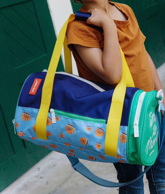Borsa sportiva per bambini blu verde arancione, motivo sportivo, manico giallo Hello Hossy