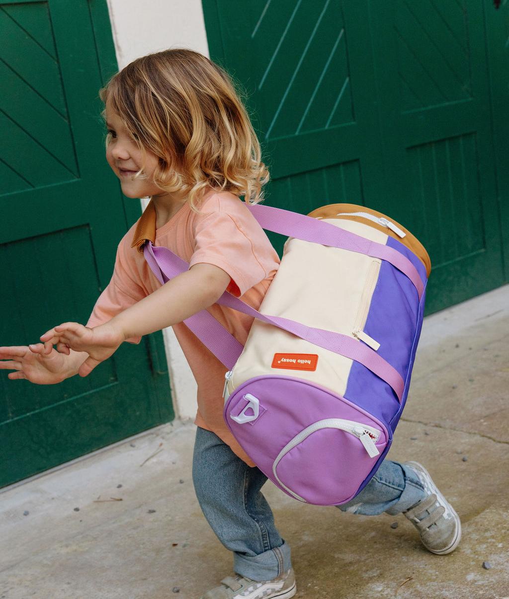 Borsa sportiva per bambini beige, viola e cammello, tasca con zip Hello Hossy
