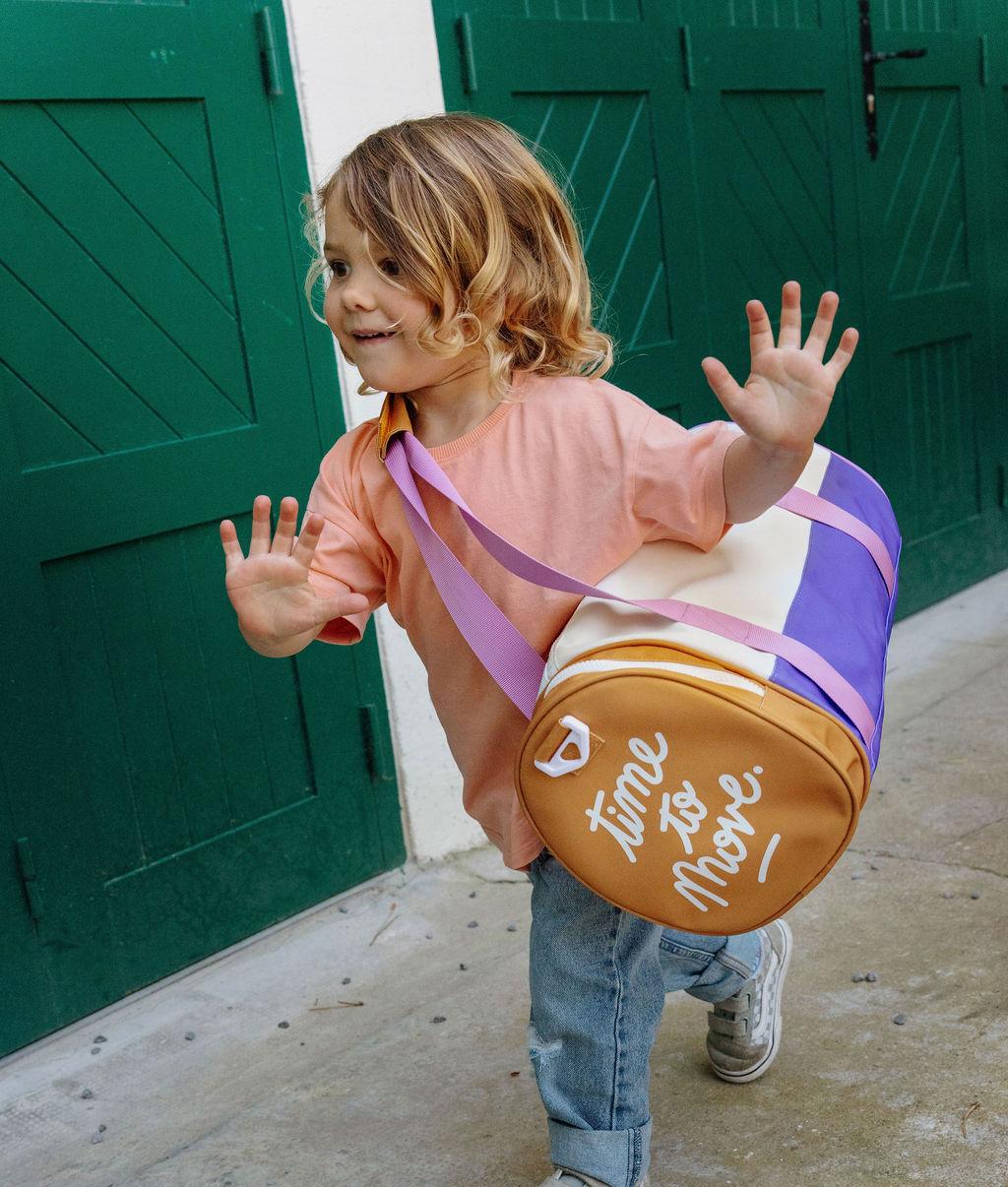 Borsa sportiva bambino beige viola cammello messaggio bianco Hello Hossy