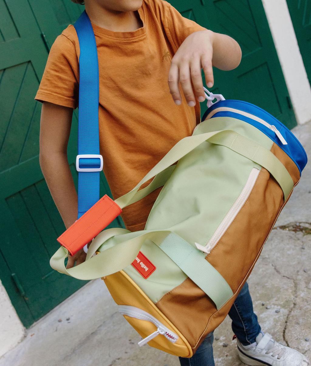 Borsa sportiva bambino verde marrone blu tasca con zip Hello Hossy