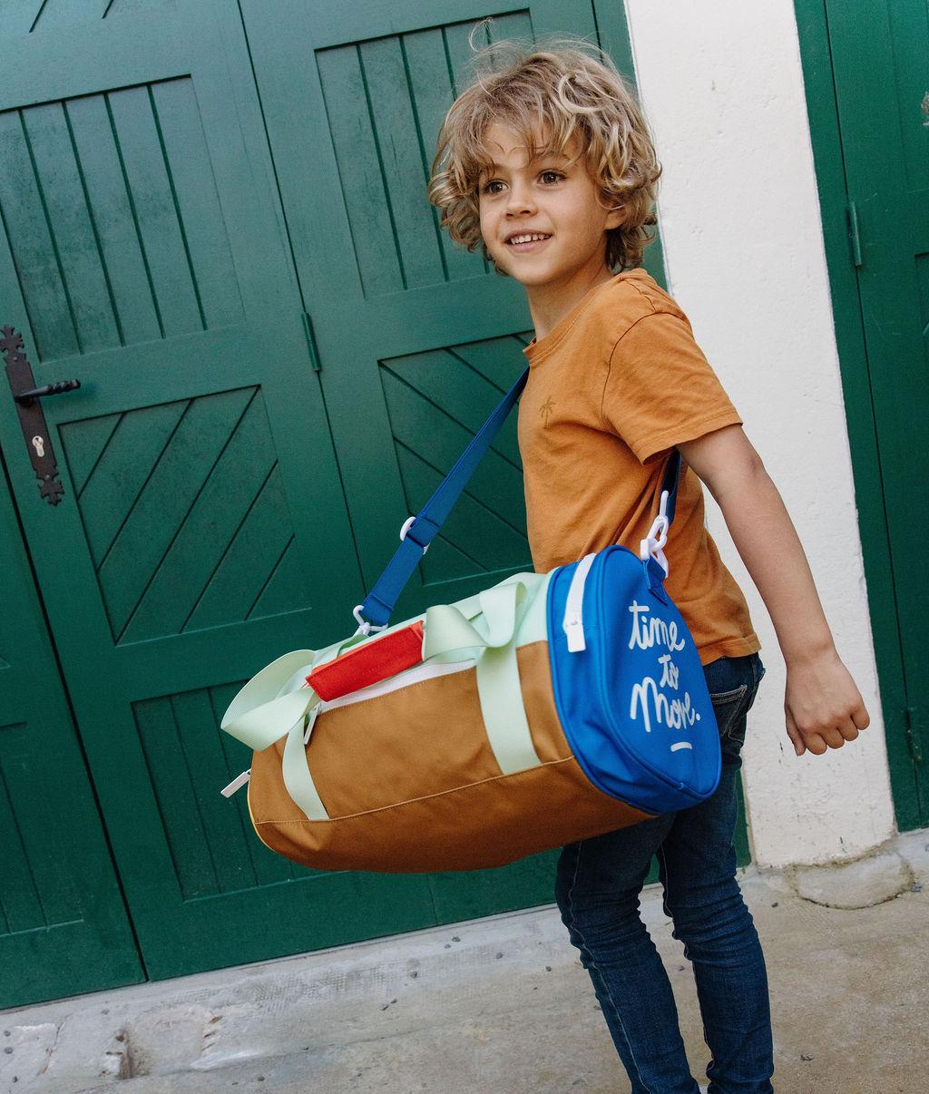 Borsa sportiva bambino blu marrone verde scritta bianca Hello Hossy
