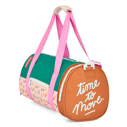Borsa sportiva per bambini verde rosa marrone con motivo fiori e scritta bianca Hello Hossy